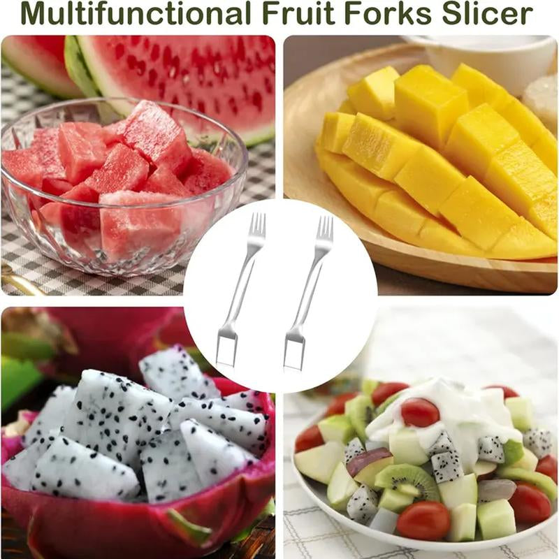 【2 Count】Watermelon Fork Slicer Cutter Slicertool,2-In-1 Stainless Steel Fruit Cutter,Dual Head Fruit Forks Slicer Knife with round Handle,Fruit Cutting Kitchen Utensils,Portable Modern,Mirrorzone.Smartliving