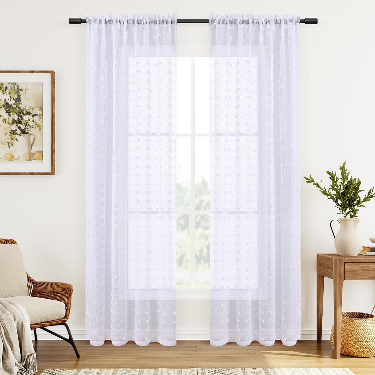 Sheer Curtains 84 Inch Length 2 Panels Sets for Living Room Bedroom 52 Inch Width Farmhouse Boho Drapes Light Filtering Pom Pom Curtains Tufted Semi Sheer Kids Rod Pocket,White,W52Xl84