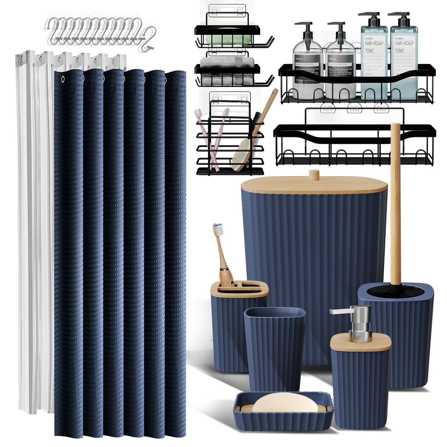 24 Piece Bamboo Bathroom Sets, Navy Blue Bathroom Accessories Set and Shower Caddy Set