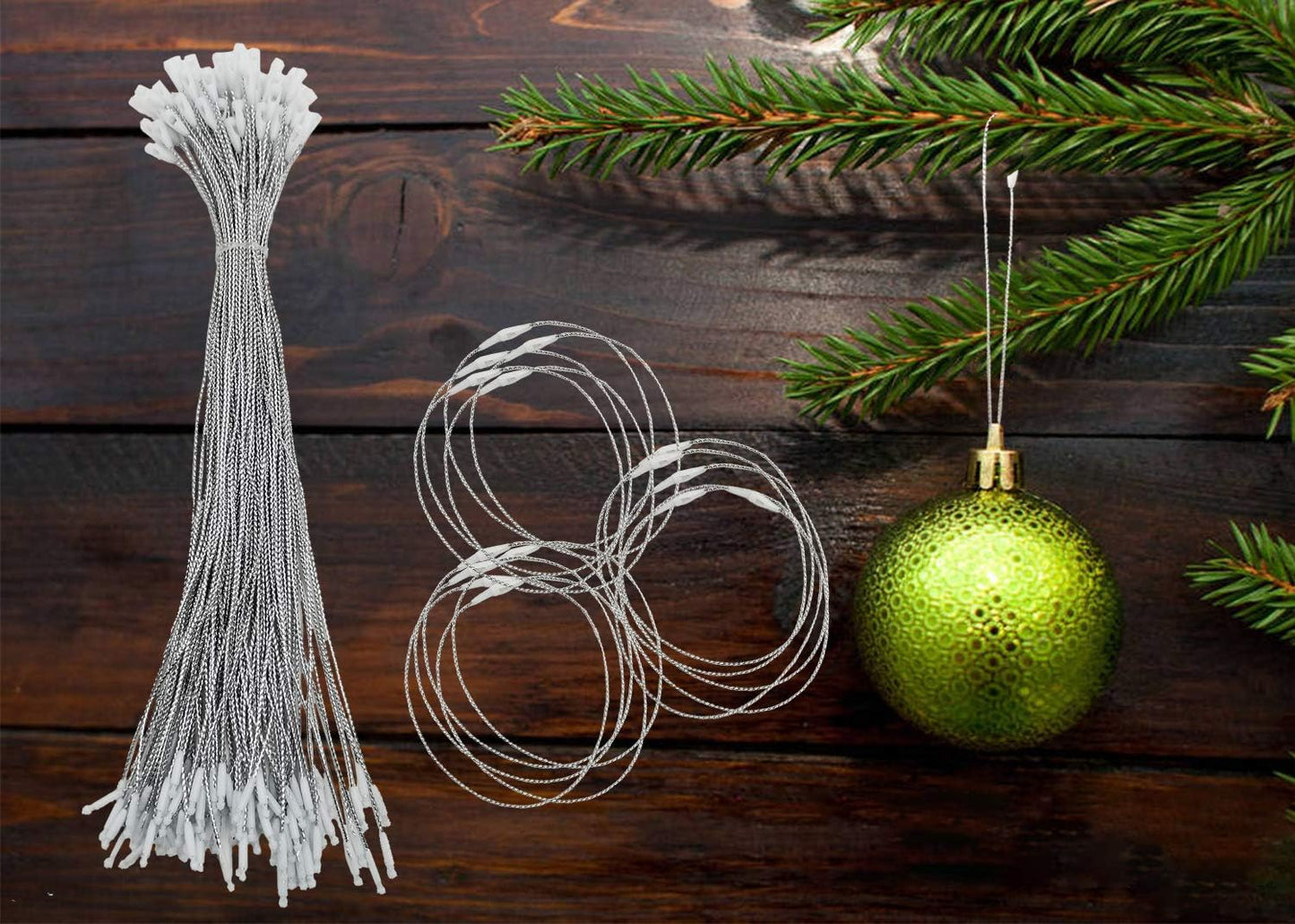 200Pcs Christmas Ornaments String Hanger Silver Precut Ribbon Hook for Christmas Tree Ornament Decorations with Snap Fastener
