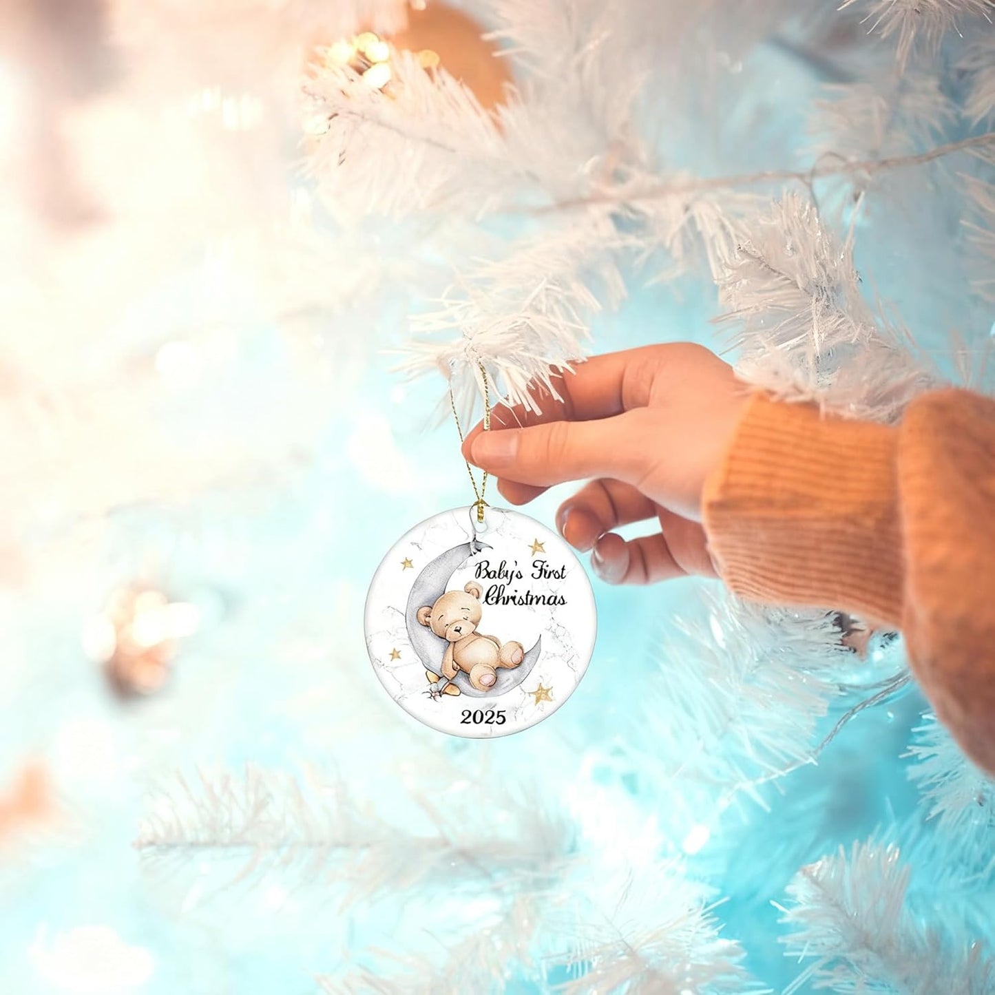 Baby'S First Christmas 2025 Boy Bear on the Moon Baby Ornament Christmas Wedding Decoration Baby Ornament Newlywed 2025 (Yellow and White Baby Bear)