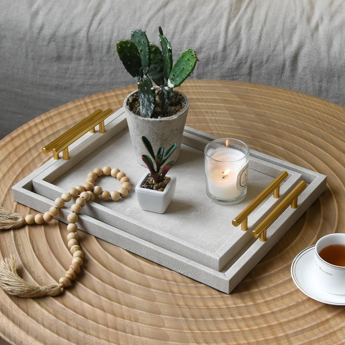Set of 2 Wood Serving Tray with Handles Modern Decorative Ivory Shagreen Leather