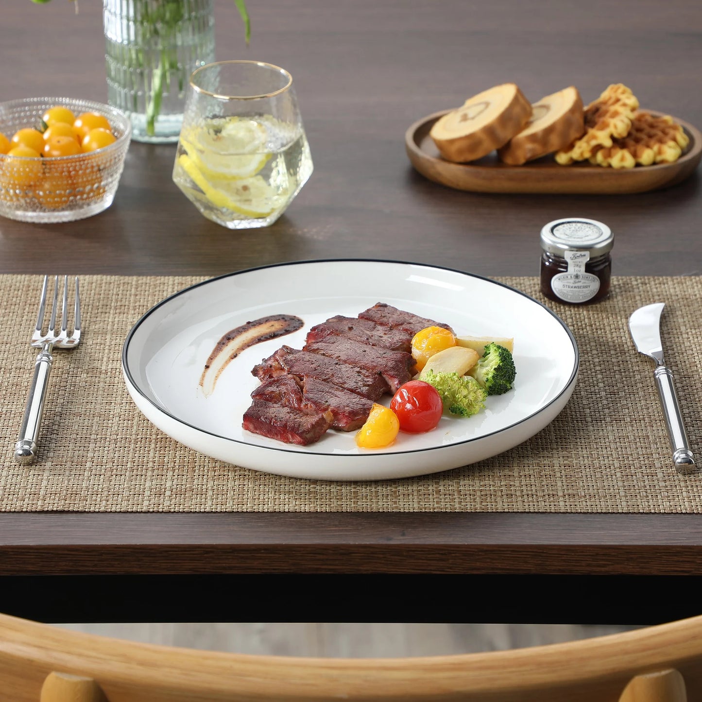 12 Pcs Dinnerware Sets, Plates and Bowls Set for 4, Ceramic Dinner Set, White and Black