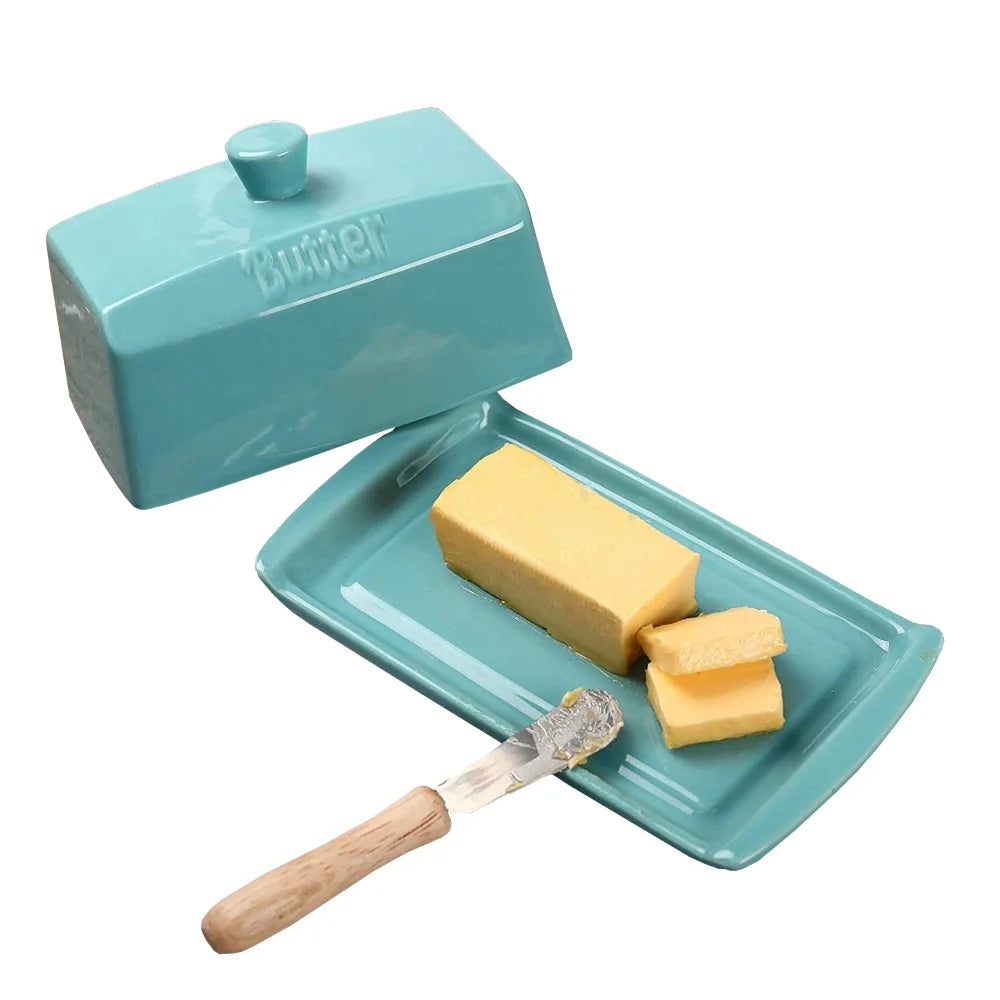 Ceramic Butter Dish Keeper Holder Countertop Rectangle Container with Lid - Blue