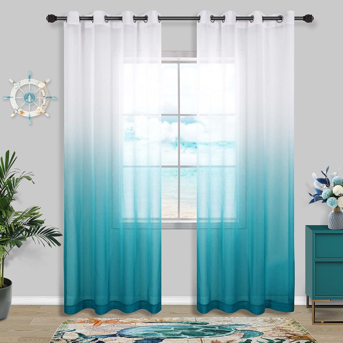 Teal Curtains 84 Inch Length for Bedroom Coastal Decor Pair Set 2 Panels Ombre Aqua Blue Turquoise Gradient Grommet Window Sheer Transparent Beach Curtains for Living Room Dining 52X84 Long