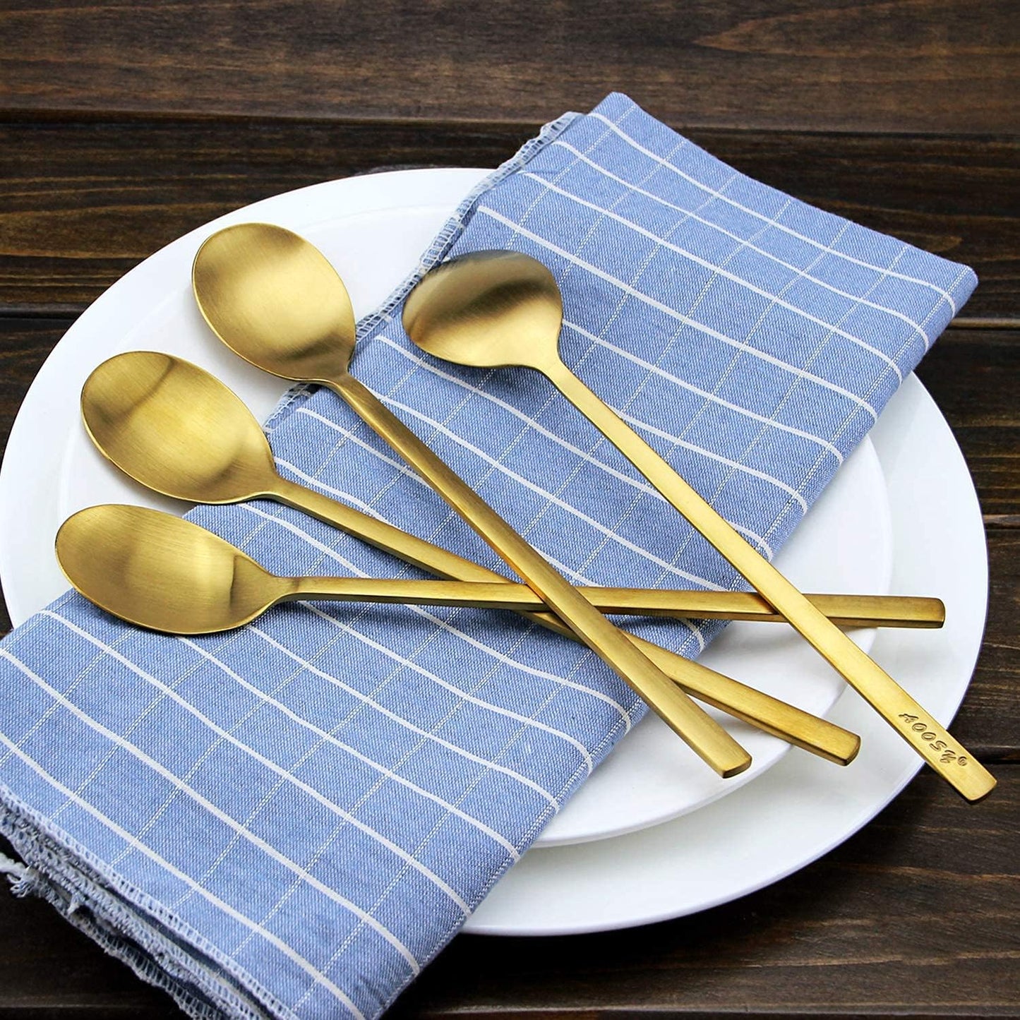 Korean Spoons - 8 Piece Stainless Steel Set, 8.5 Inch, Gold with Long Handles, Asian Cooking Spoons for Home, Kitchen or Restaurant