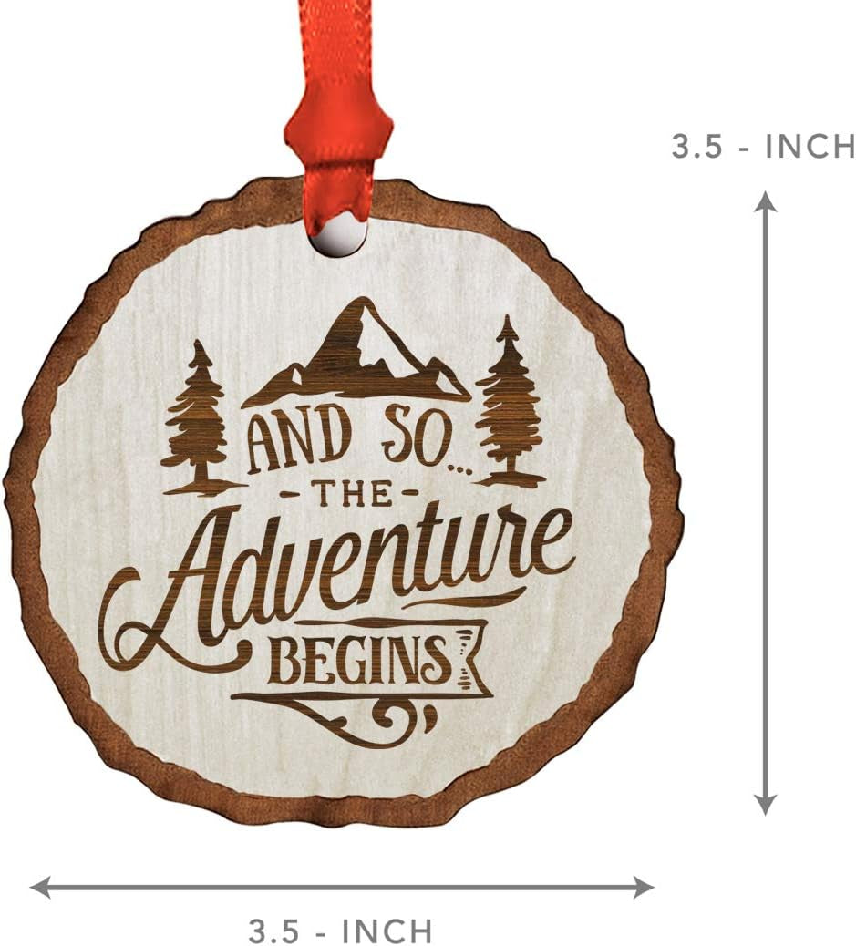 Real Wood Rustic Farmhouse Christmas Ornament, Engraved Wood Slab and so the Adventure Begins 1-Pack Christmas Wedding Hiking Ornaments for Christmas Tree Hiking Christmas Ornament
