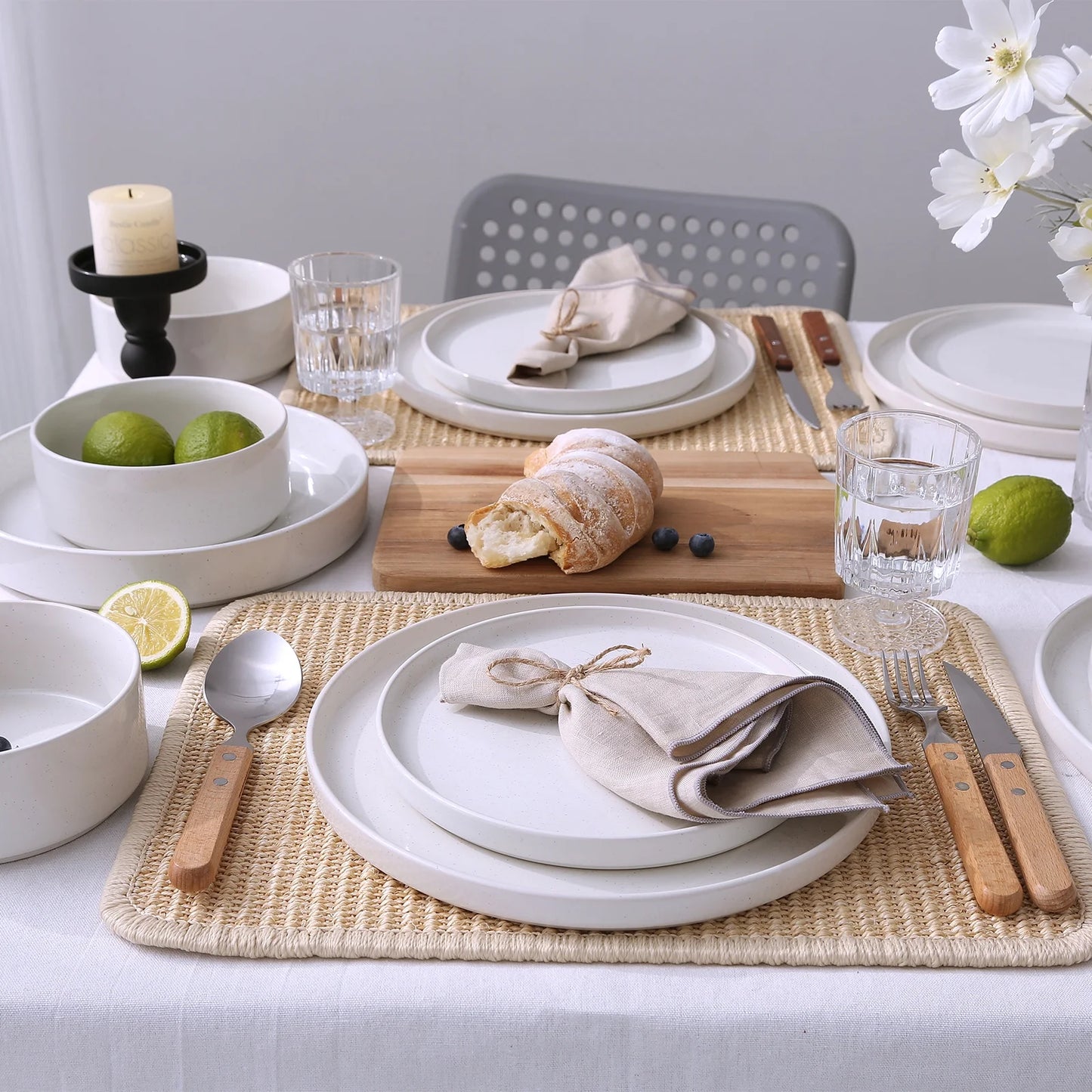 12 Piece Dinnerware Set, Stoneware Plates and Bowls Set, Dish Set for 4, White