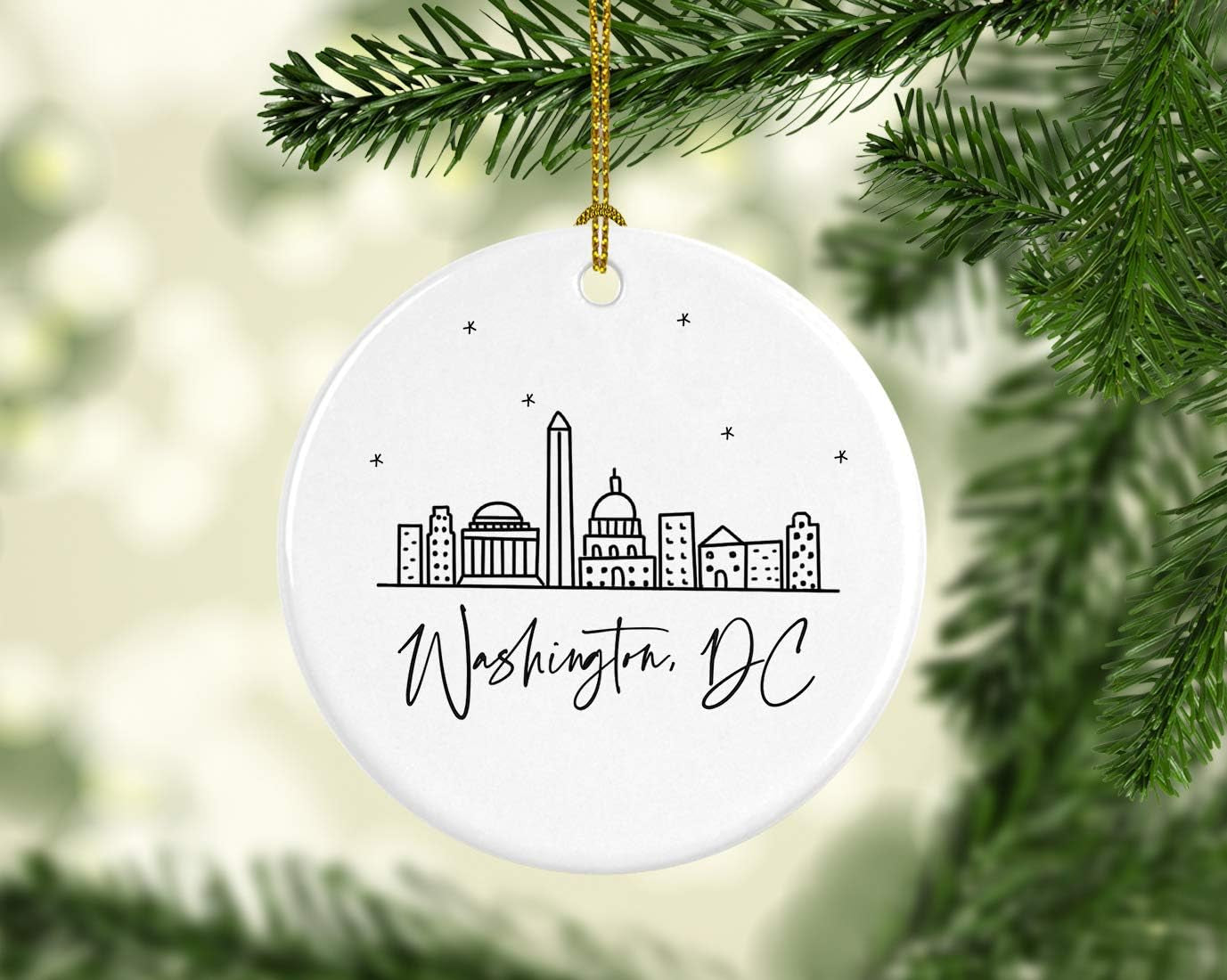 round Ceramic Porcelain Christmas Tree Ornament, Washington, DC, Black and White Stars City Skyline, 1-Pack, Birthday Family Coworker, Includes Gift Box Washington DC Christmas Ornament