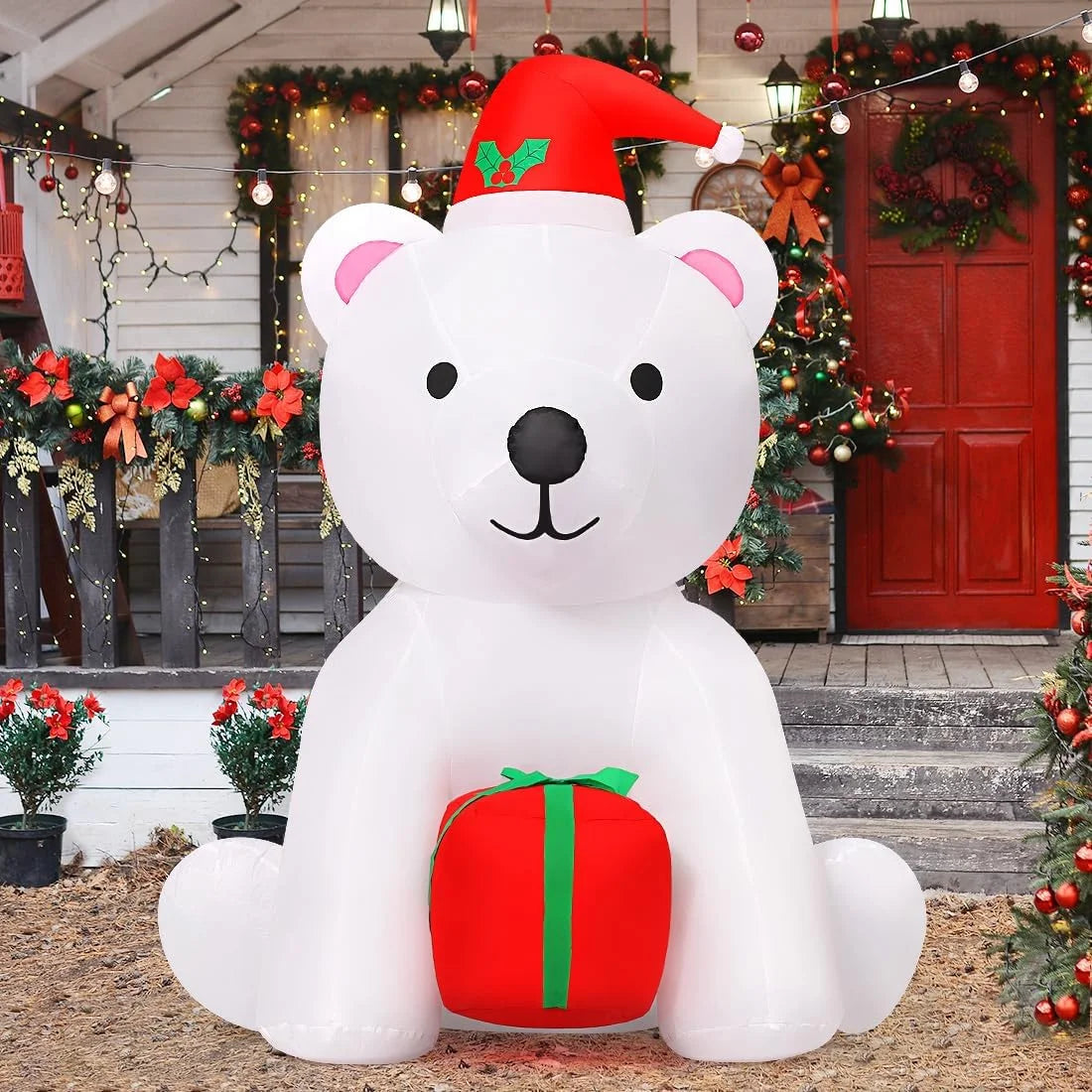 Christmas Inflatables 5 FT Polar Bear Blow up with LED Lights, Cute Inflatable Polar Bear Holding Present, Outdoor Christmas Decorations Polar Bear Inflatable for Xmas Holiday Party