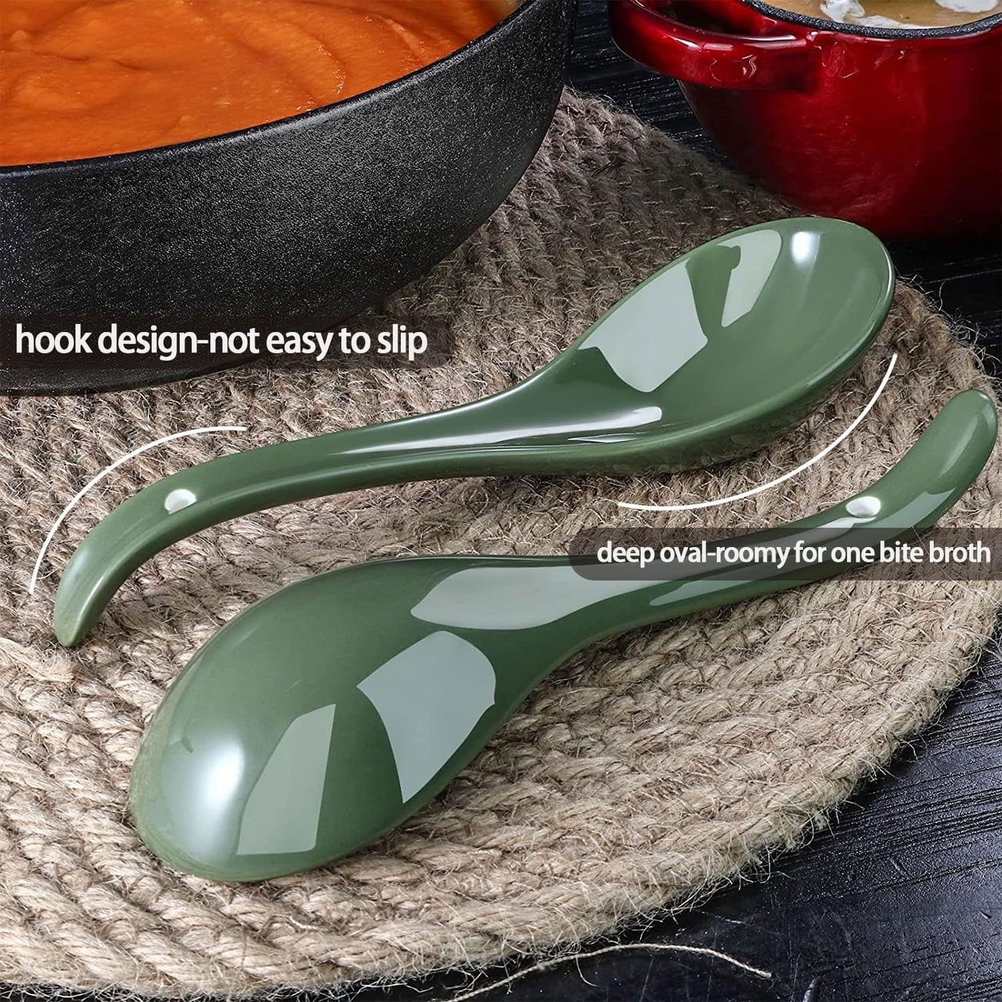 6.75 Inch Solid Asian Soup Spoon Set of 6,Ultra-Fine Porcelain Japanese Soup Spoon,Ramen Spoons for Pho Noodles Miso, Chinese Soup Spoons for Dumpling Wonton Cereal, Deep Oval Hook Design-Green