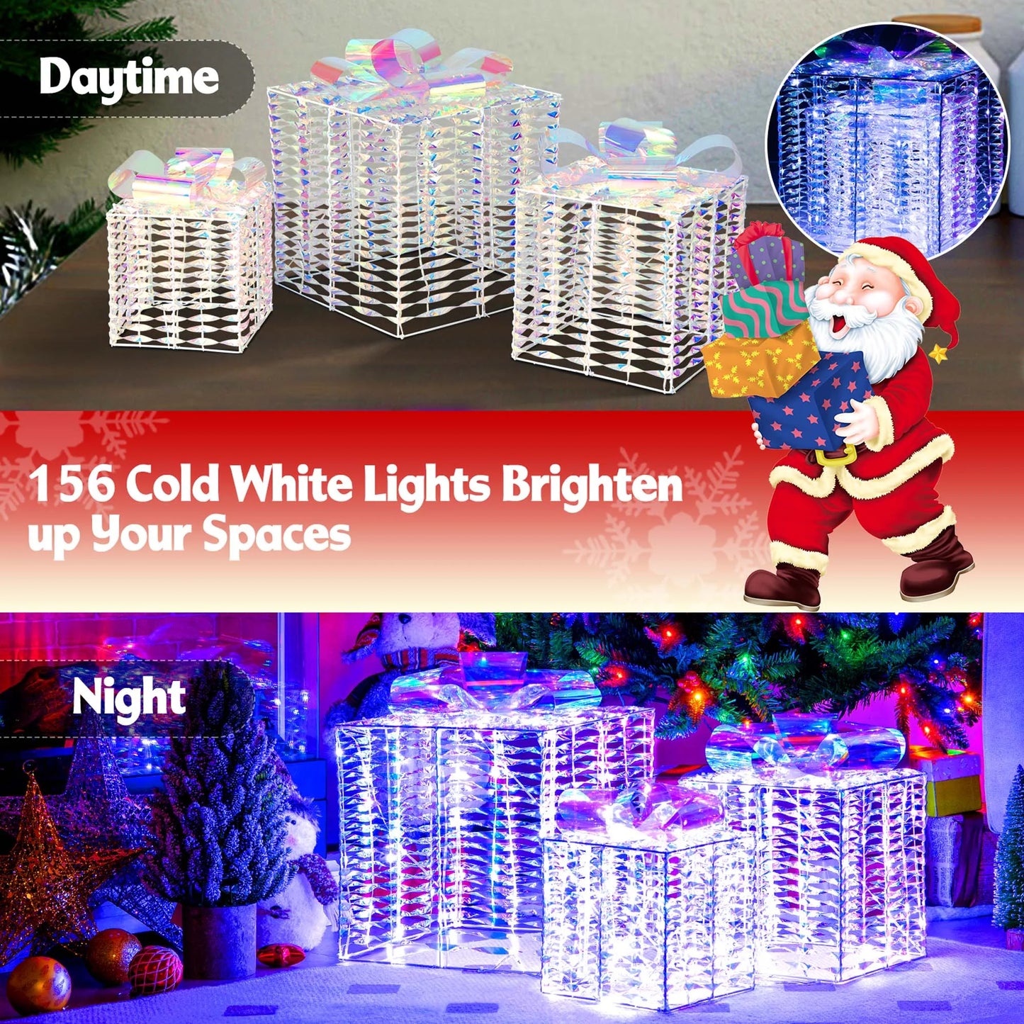 Set of 3 Iridescent Christmas Gift Box LED Lighted Present Box Decoration Yard