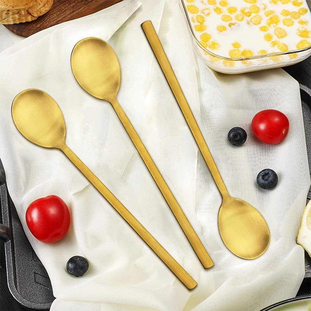Korean Spoons - 8 Piece Stainless Steel Set, 8.5 Inch, Gold with Long Handles, Asian Cooking Spoons for Home, Kitchen or Restaurant