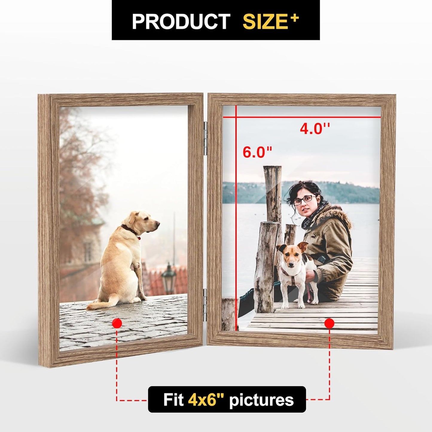 4X6 Double Picture Frame Wooden Hinged Photo Frame Definition Glass Stand Vertically on Desktop or Tabletop
