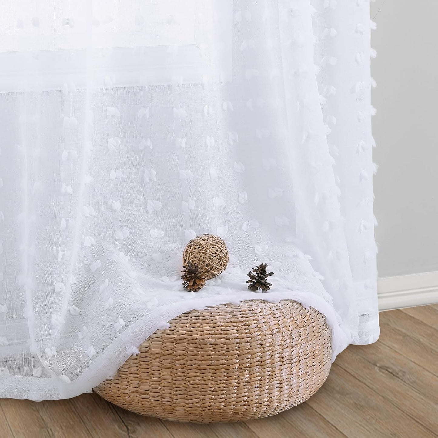 Sheer Curtains 84 Inch Length 2 Panels Sets for Living Room Bedroom 52 Inch Width Farmhouse Boho Drapes Light Filtering Pom Pom Curtains Tufted Semi Sheer Kids Rod Pocket,White,W52Xl84