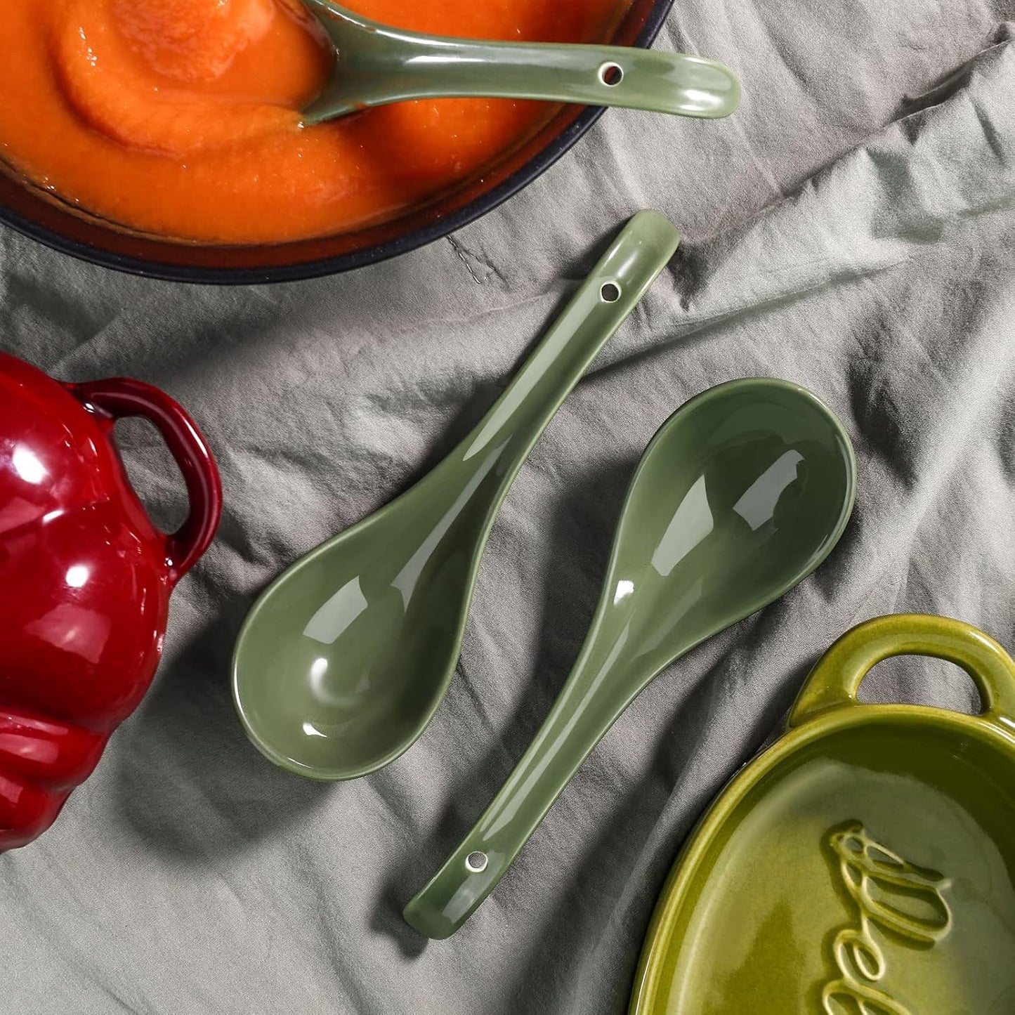 6.75 Inch Solid Asian Soup Spoon Set of 6,Ultra-Fine Porcelain Japanese Soup Spoon,Ramen Spoons for Pho Noodles Miso, Chinese Soup Spoons for Dumpling Wonton Cereal, Deep Oval Hook Design-Green