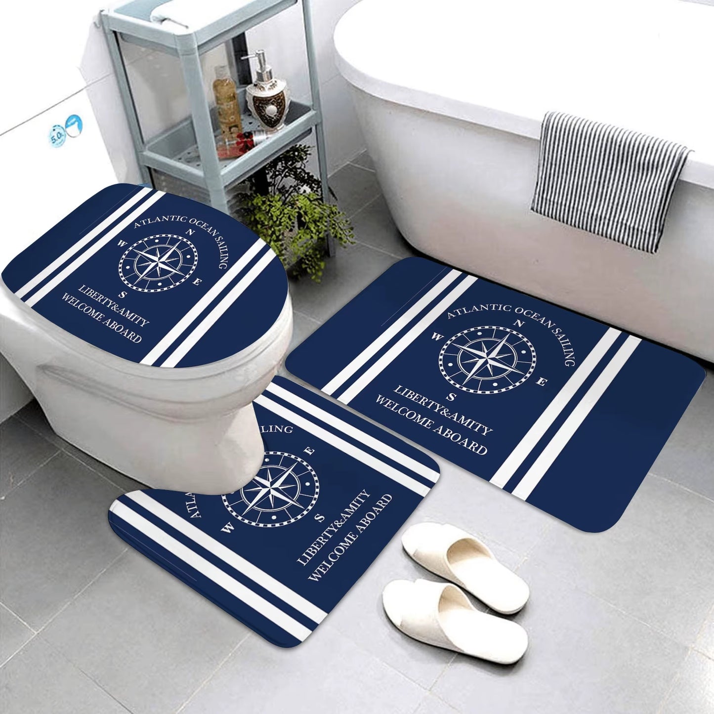 Dark Blue Nautical Series Bathroom Mats Bathroom Mats Three-Piece Set Bathroom Rugs and Mats Bathroom Products Can Be Customized