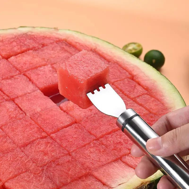 【2 Count】Watermelon Fork Slicer Cutter Slicertool,2-In-1 Stainless Steel Fruit Cutter,Dual Head Fruit Forks Slicer Knife with round Handle,Fruit Cutting Kitchen Utensils,Portable Modern,Mirrorzone.Smartliving