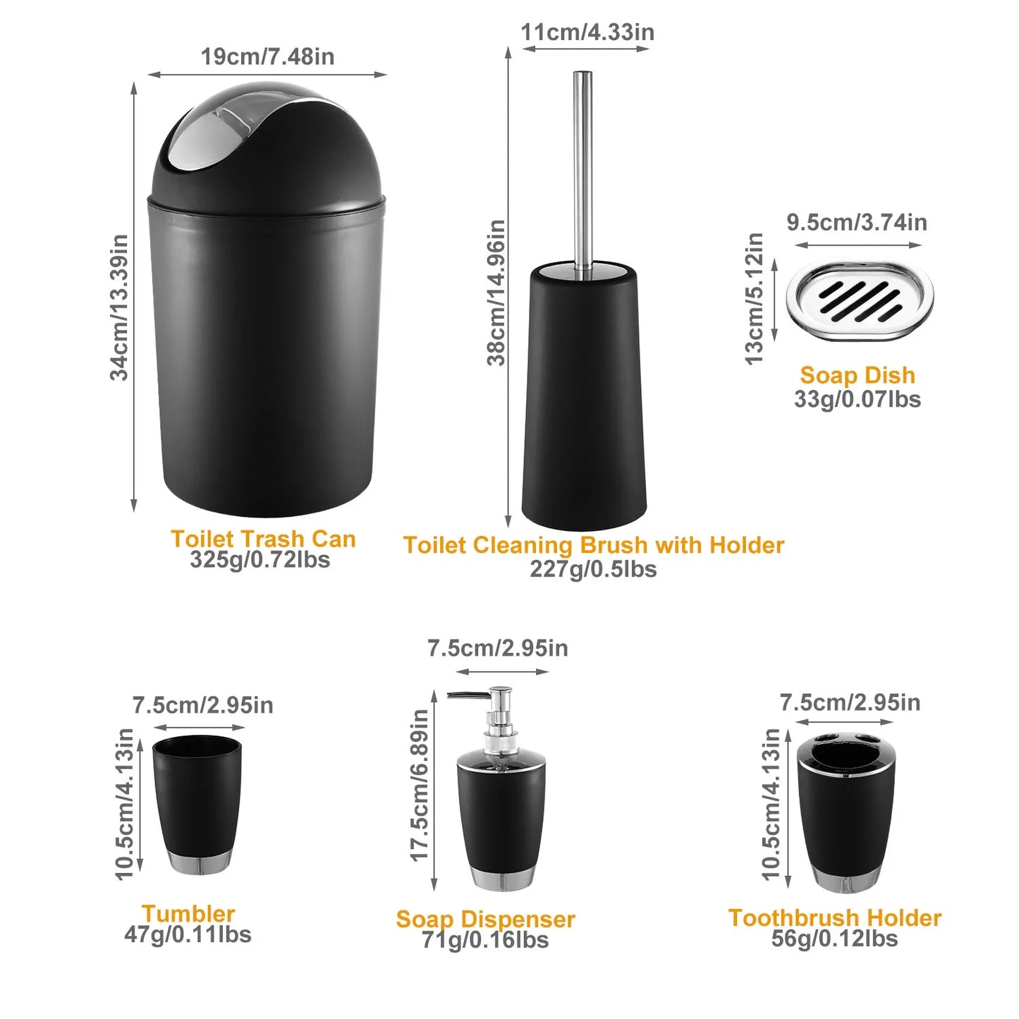 6 Pcs Bathroom Accessories Set, Plastic Bathroom Set Lightweight Durable for Home Bathroom Unisex Adults Kids, Black