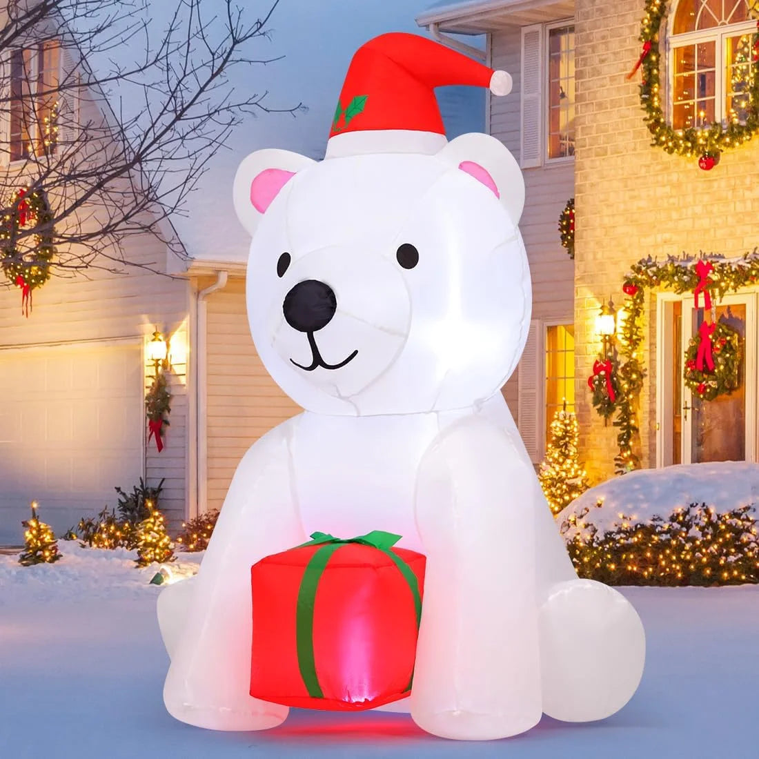 Christmas Inflatables 5 FT Polar Bear Blow up with LED Lights, Cute Inflatable Polar Bear Holding Present, Outdoor Christmas Decorations Polar Bear Inflatable for Xmas Holiday Party