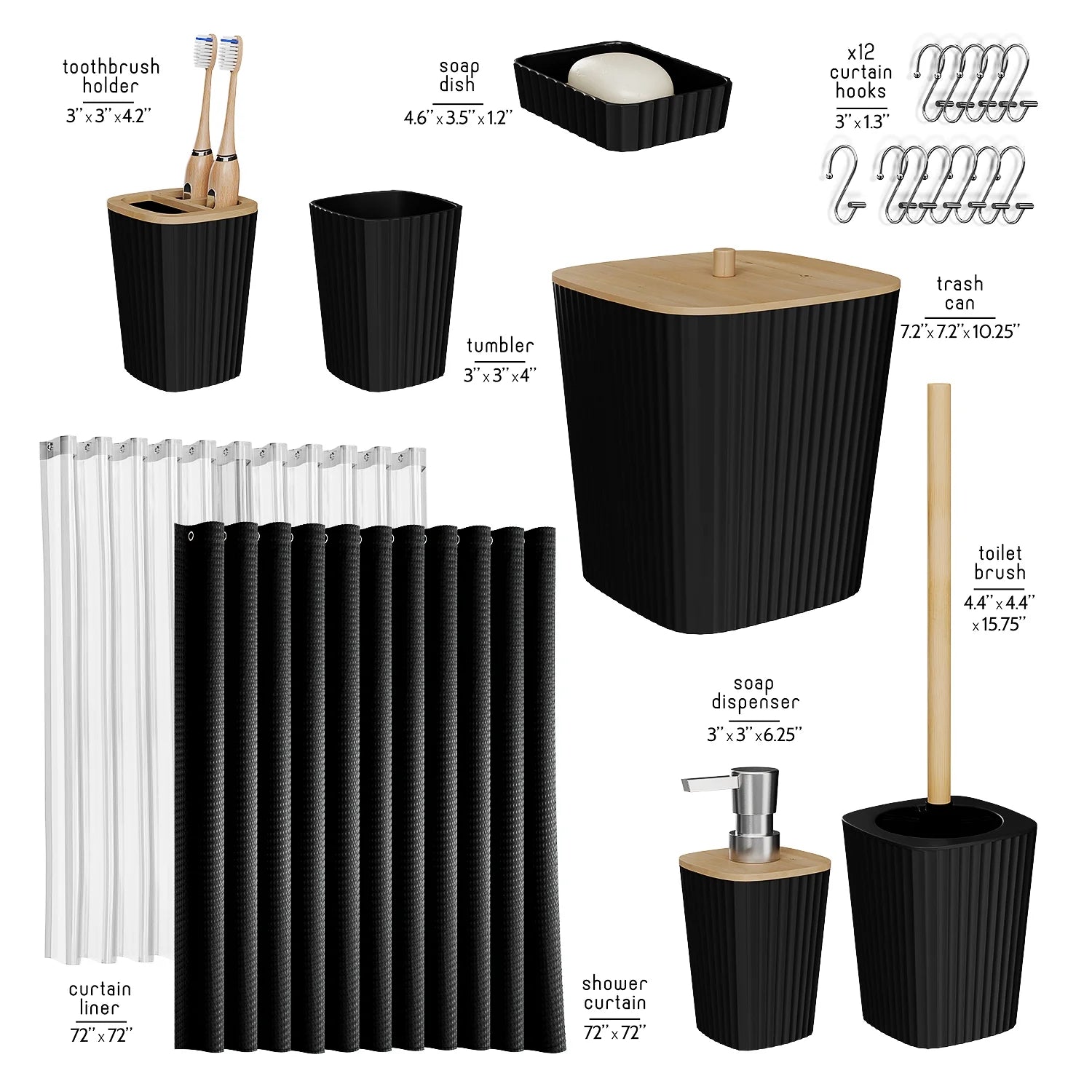 20 Piece Bamboo Bathroom Sets, Black Bathroom Accessories Set with Shower Curtain
