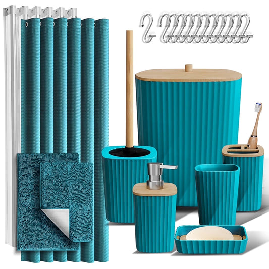 22 Piece Bamboo Bathroom Sets, Teal Blue Bathroom Accessories Sets for Minimalistic Bathroom Décor