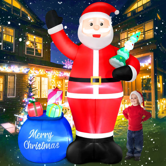 8FT Christmas Inflatable Santa Claus with Big Gift Bag and Christmas Tree Outdoor Decorations,Built-In LED Light,Blow up Xmas Inflatables for Front Back Yard Garden Lawn