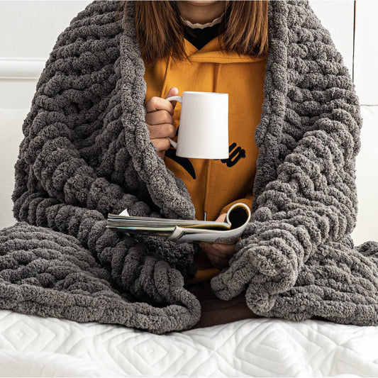 Chunky Knit Blanket Throw – 50" X 60", 3.7 Lbs – Handwoven Soft Chenille Yarn, Fluffy and Smooth – Machine Washable Cable Knit Blanket for Couch, Bed, and Living Room – Slate Grey