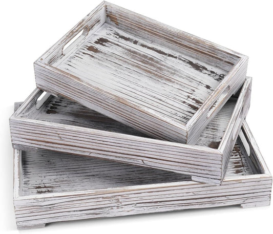 Rustic Wooden Serving Tray with Handle - 3-Piece Set of Wooden Trays for Ottomans, Torched Whitewash Nesting Trays for Eating, Decoration, Coffee, Stackable Rectangular Breakfast Trays