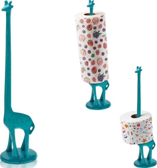 Giraffe Paper Towel Holder for Kitchen or Decorative Toilet Paper Stand for Bathroom - Unique Antique, Vintage, Whimsical Animal Design Roll Dispenser for Home Decor - Rustic Blue