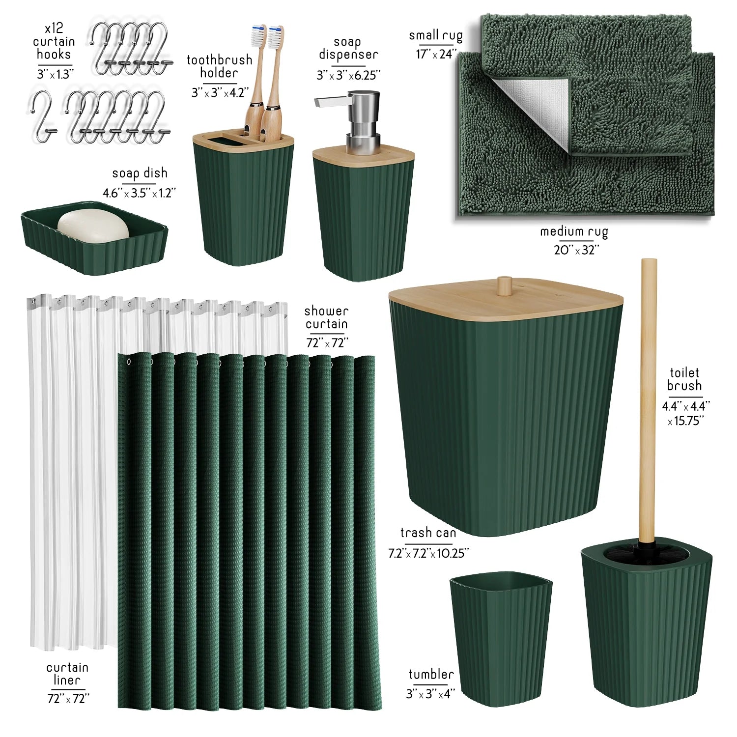 22 Piece Bamboo Bathroom Sets, Hunter Green Bathroom Accessories Sets for Minimalistic Bathroom Décor
