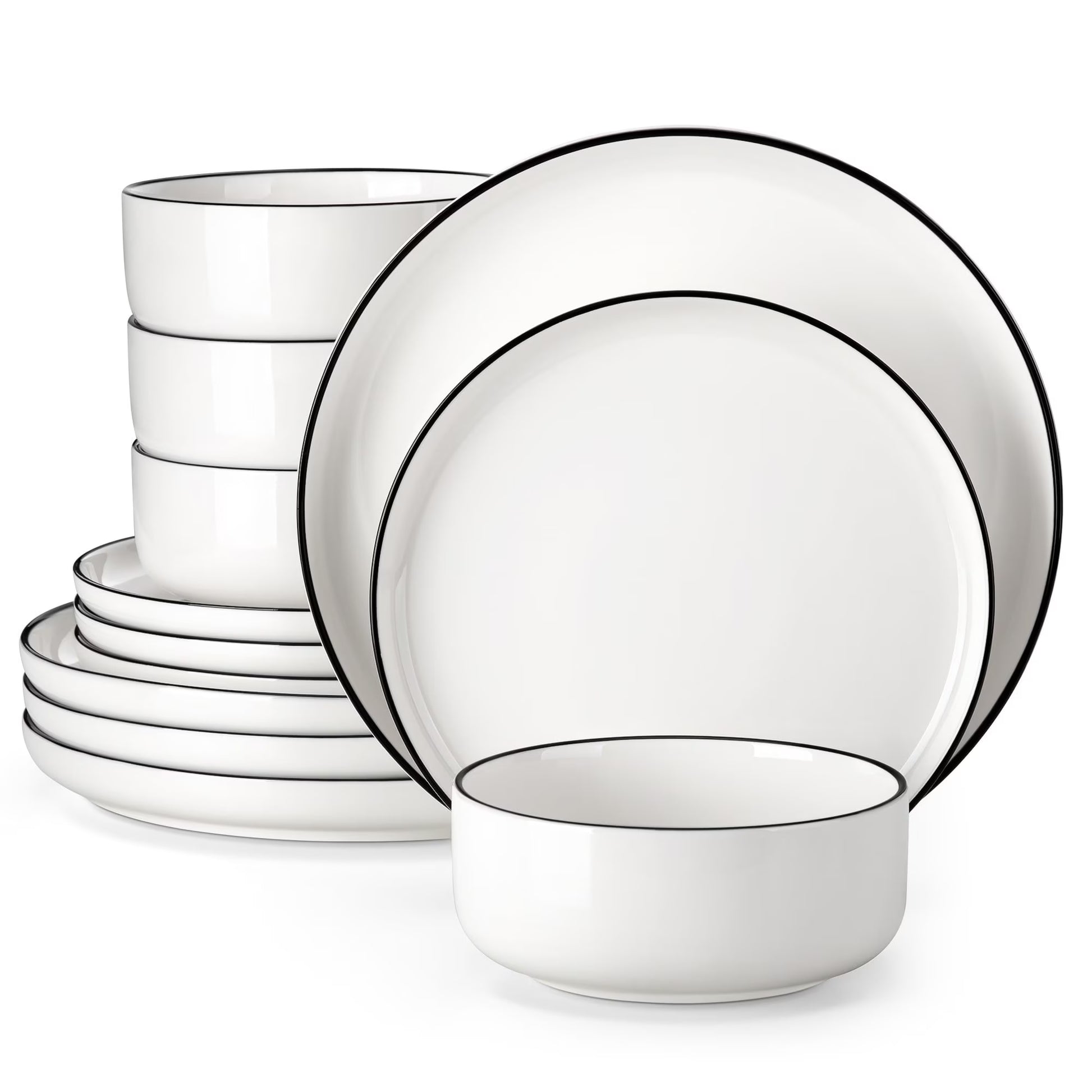 12 Pcs Dinnerware Sets, Plates and Bowls Set for 4, Ceramic Dinner Set, White and Black
