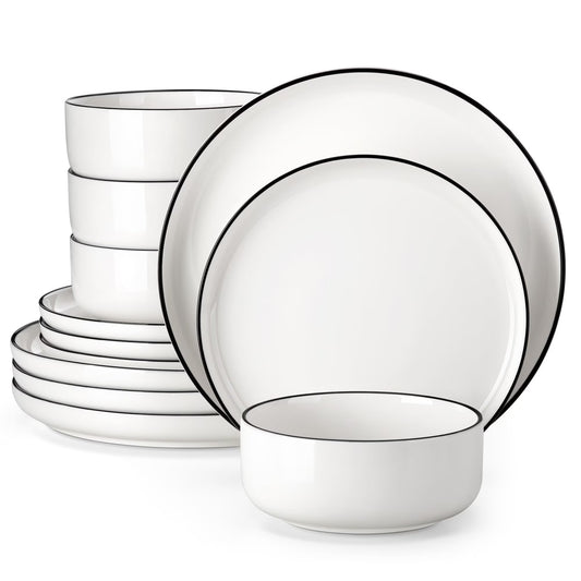 12 Pcs Dinnerware Sets, Plates and Bowls Set for 4, Ceramic Dinner Set, White and Black