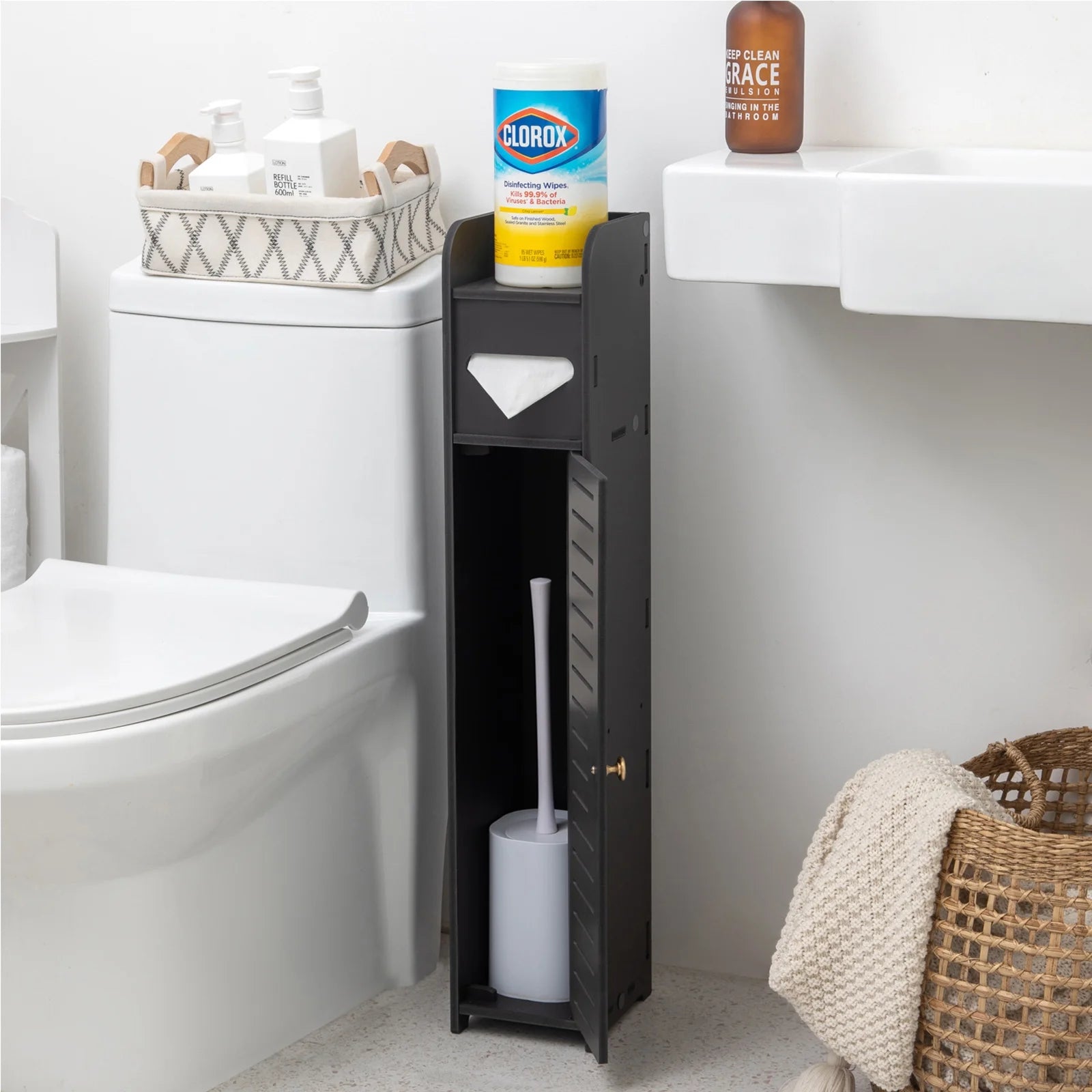 Slim Bathroom Storage Cabinet,Narrow Bathroom Stand,Black