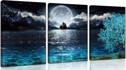 Moon Wall-Art for Bedroom - Teal Wall Art for Living Room - Ocean Tree Home Wall Decor 3 Pieces Framed Canvas Art 16X24 Inches
