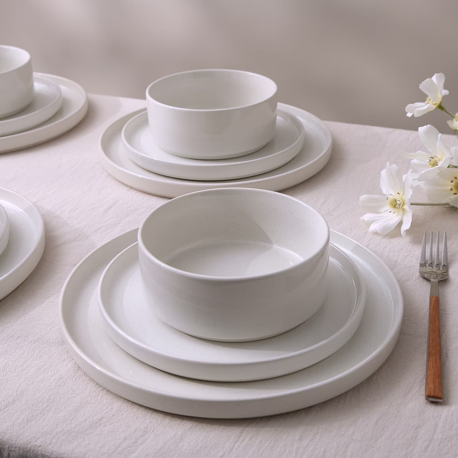 12 Piece Dinnerware Set, Stoneware Plates and Bowls Set, Dish Set for 4, White