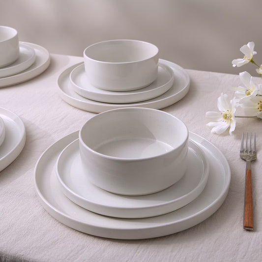 12 Piece Dinnerware Set, Stoneware Plates and Bowls Set, Dish Set for 4, White
