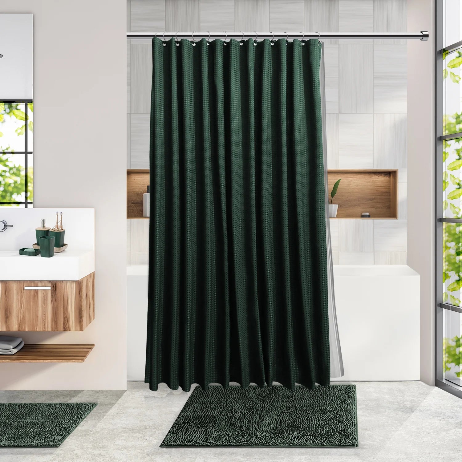 27 Piece Bamboo Bathroom Sets, Hunter Green Bathroom Accessories Set with Bathroom Rugs and Shower Caddy Set