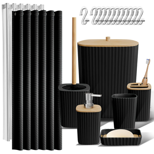20 Piece Bamboo Bathroom Sets, Black Bathroom Accessories Set with Shower Curtain