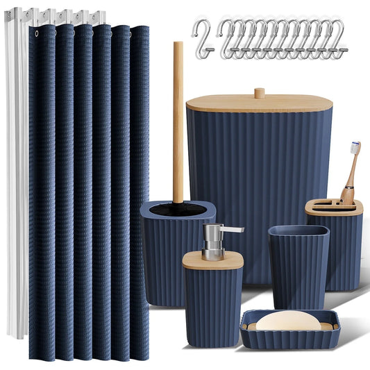20 Piece Bamboo Bathroom Sets, Navy Blue Bathroom Accessories Sets for Minimalistic Bathroom Décor