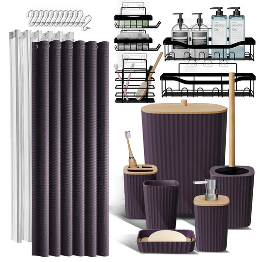 24 Piece Bamboo Bathroom Sets, Purple Bathroom Accessories Set and Shower Caddy Set