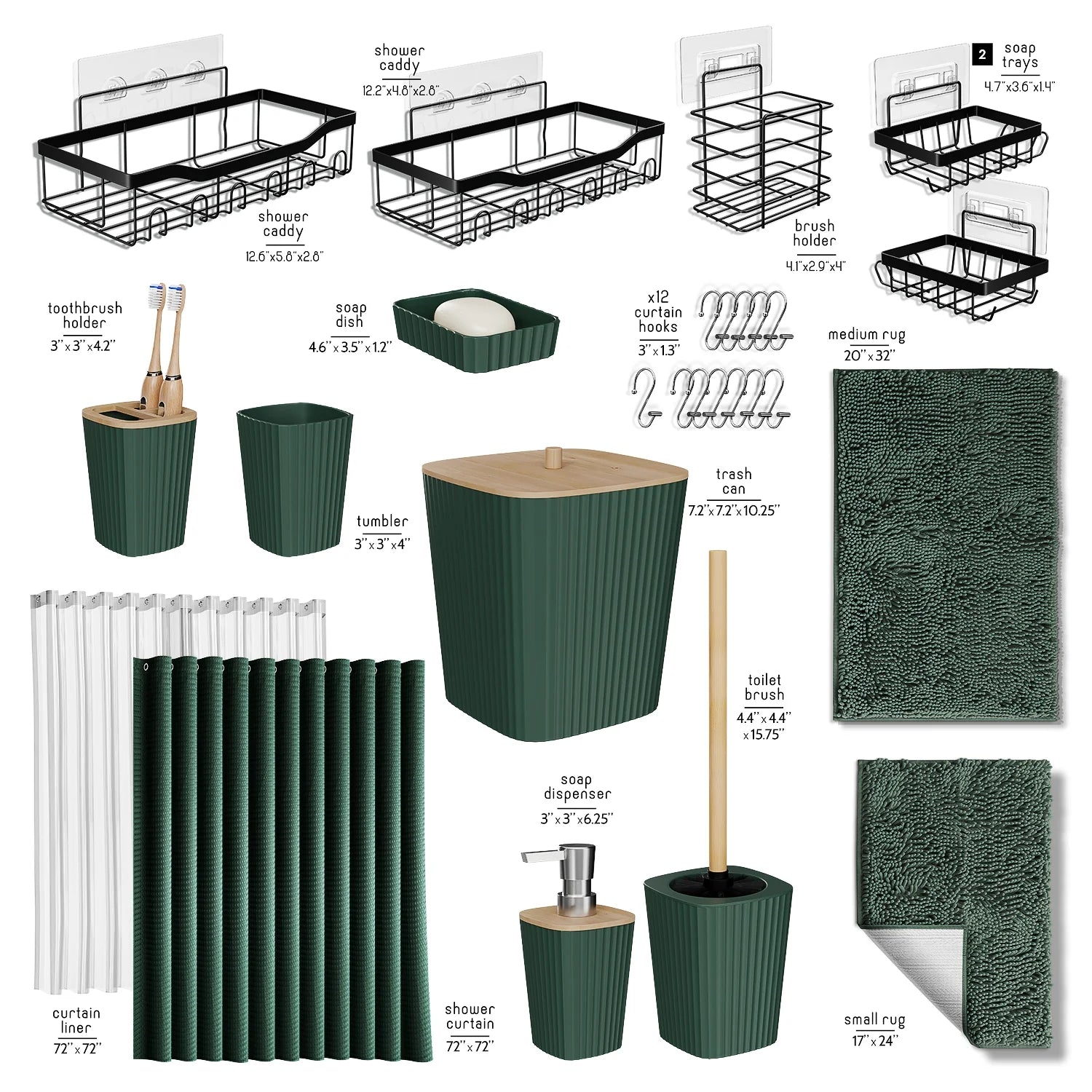 27 Piece Bamboo Bathroom Sets, Hunter Green Bathroom Accessories Set with Bathroom Rugs and Shower Caddy Set