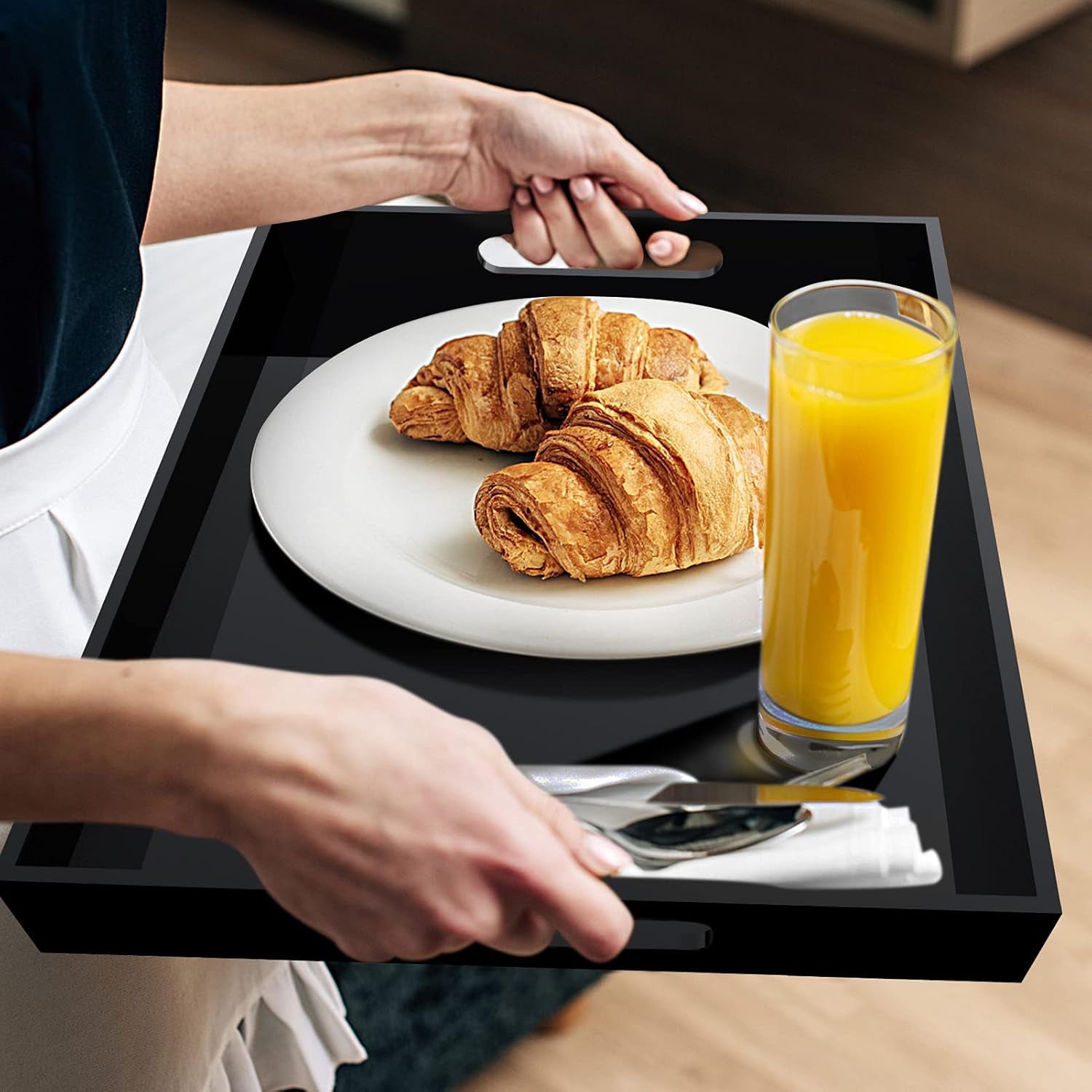 Acrylic Serving Trays with Handles, 16"X 12" Rectangle Sturdy Breakfast Tray, Black Decorative Trays Organiser for Bedroom, Kitchen, Living Room, Bathroom, Hospital and Outdoors