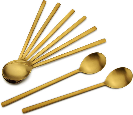 Korean Spoons - 8 Piece Stainless Steel Set, 8.5 Inch, Gold with Long Handles, Asian Cooking Spoons for Home, Kitchen or Restaurant