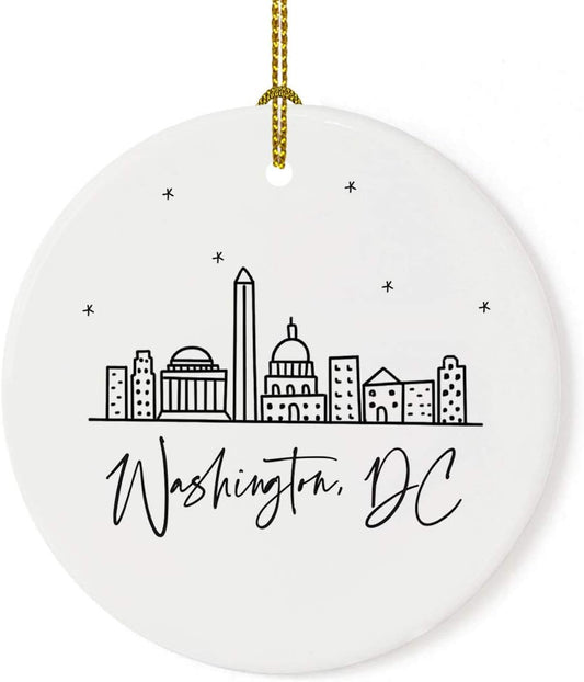 round Ceramic Porcelain Christmas Tree Ornament, Washington, DC, Black and White Stars City Skyline, 1-Pack, Birthday Family Coworker, Includes Gift Box Washington DC Christmas Ornament