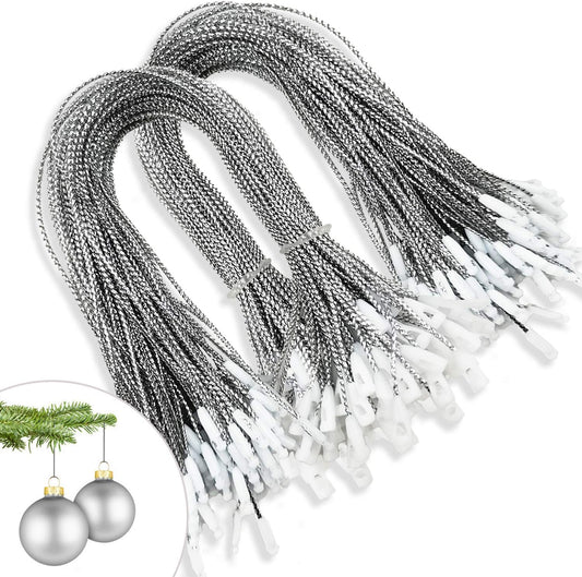 200Pcs Christmas Ornaments String Hanger Silver Precut Ribbon Hook for Christmas Tree Ornament Decorations with Snap Fastener