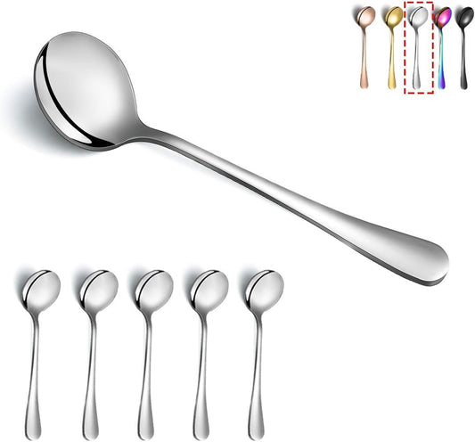 6-Piece Stainless Steel round Soup Spoons - Dinner & Table Spoons, Silverware Set, Dishwasher Safe