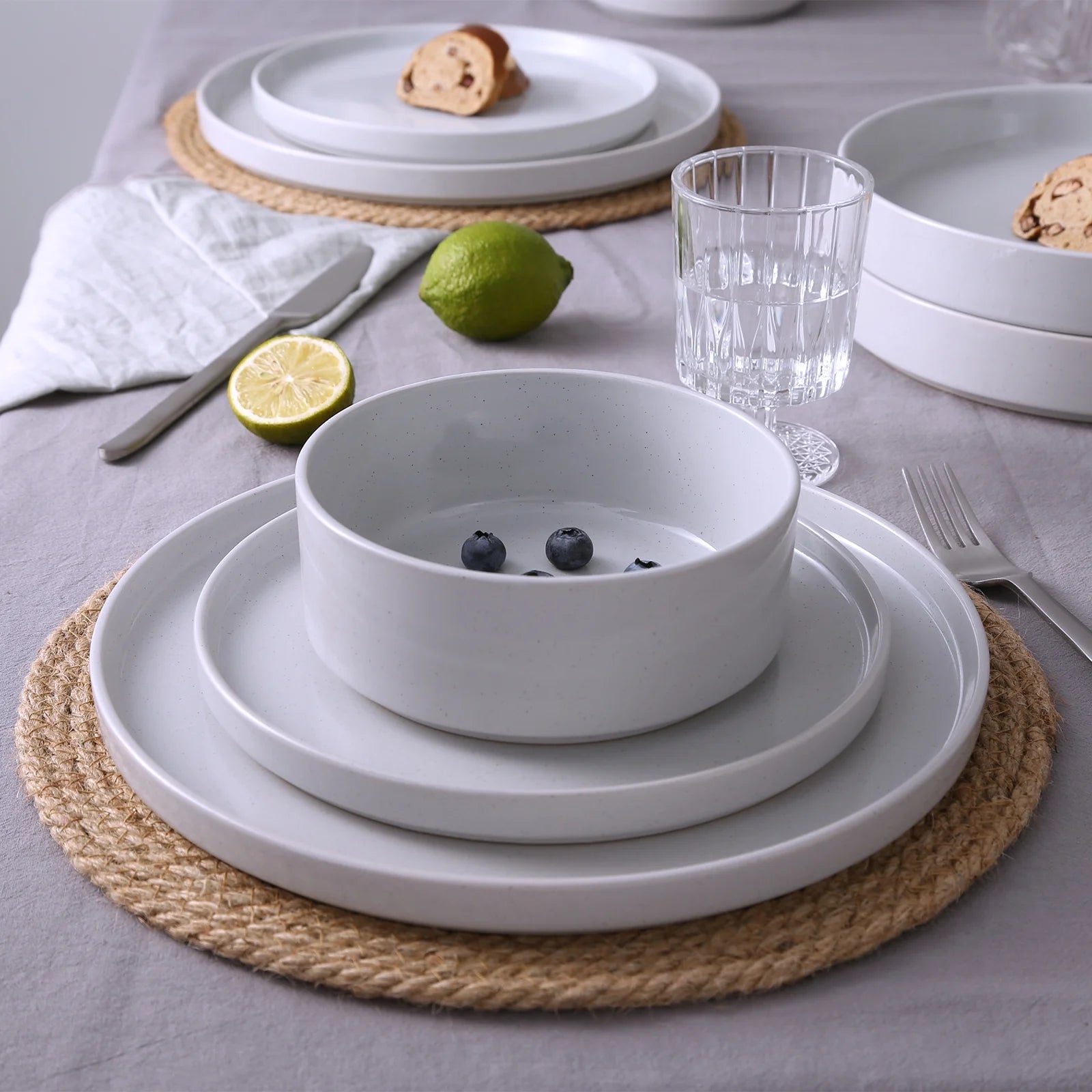 12 Piece Dinnerware Set, Stoneware Plates and Bowls Set, Dish Set for 4, Light Gray