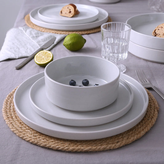 12 Piece Dinnerware Set, Stoneware Plates and Bowls Set, Dish Set for 4, Light Gray