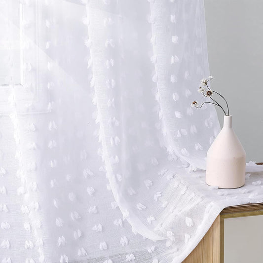 Sheer Curtains 84 Inch Length 2 Panels Sets for Living Room Bedroom 52 Inch Width Farmhouse Boho Drapes Light Filtering Pom Pom Curtains Tufted Semi Sheer Kids Rod Pocket,White,W52Xl84